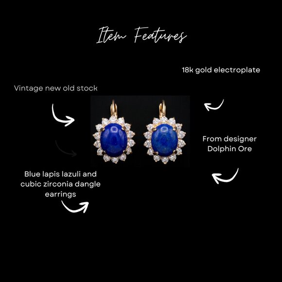 Vintage Lapis Lazuli & Swarovski Crystal Leverback Drop Earrings 18K HGE - Picture 5 of 5
